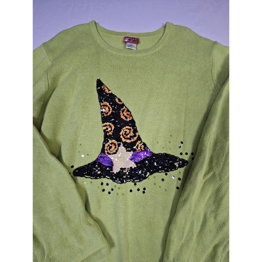 Peek A Boo Sweater Women's 2XL Green Lime HALLOWEEN Sequin Witches Hat Pullover